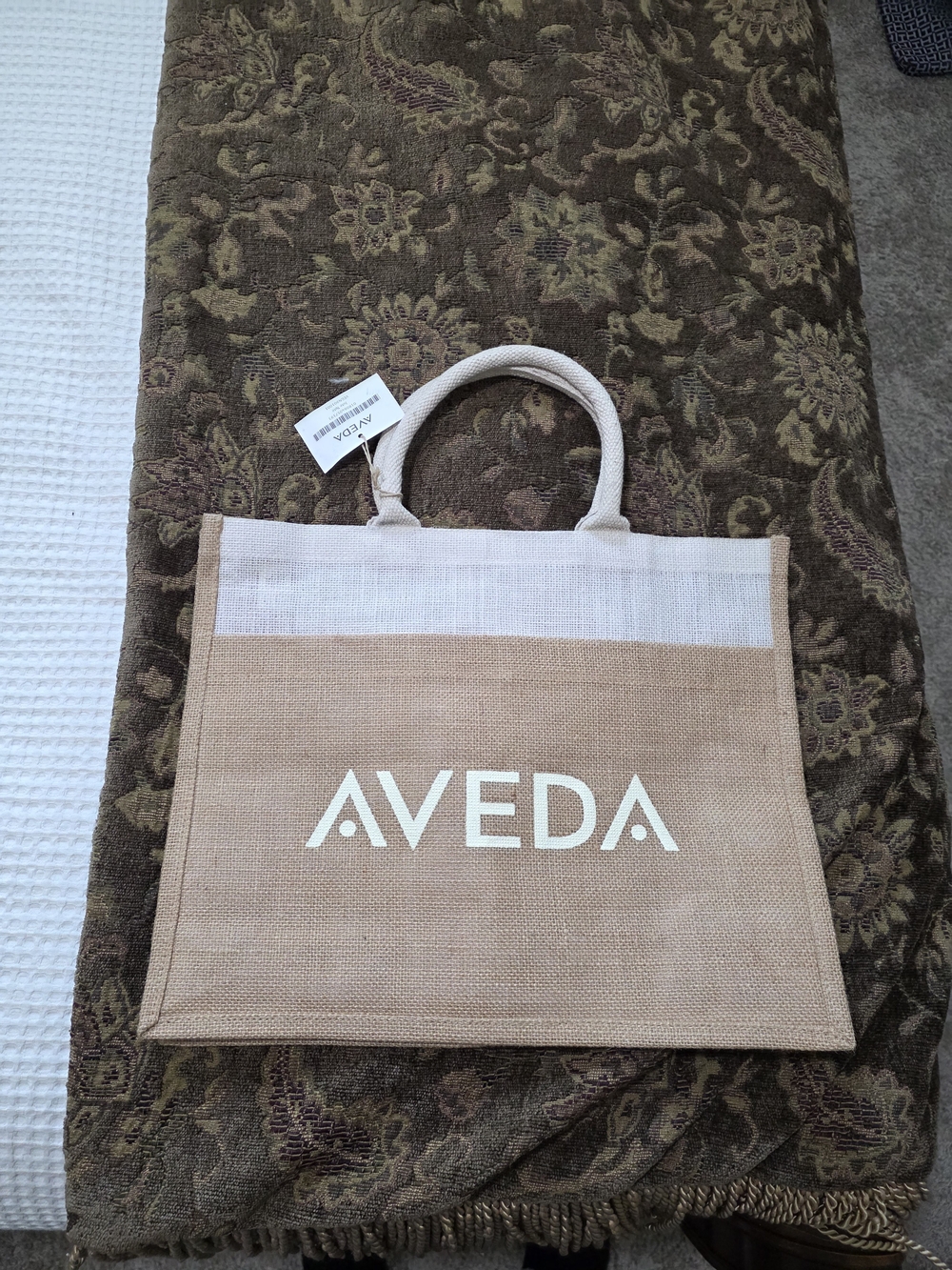 AVEDA Two-Tone Natural Jute Tote with White Logo